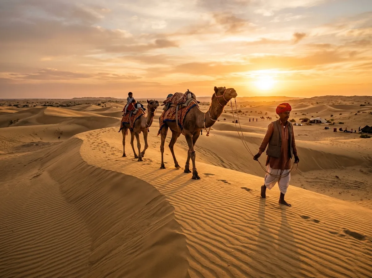 Sunset camel safari on Sam Sand Dunes
