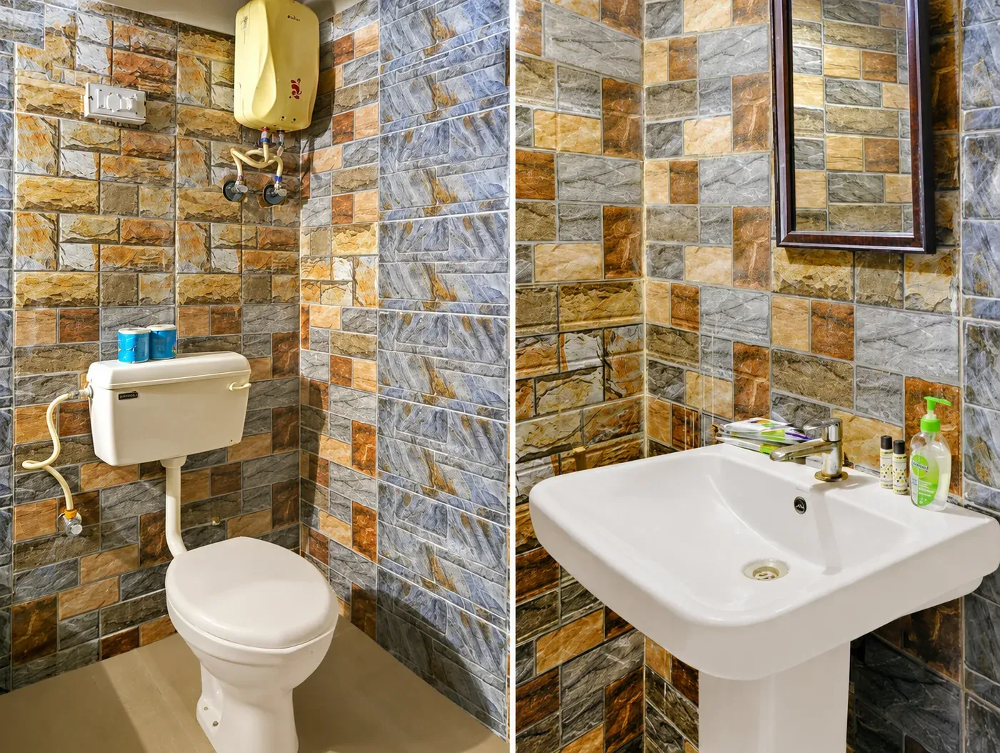Private attached sandstone ensuite bathroom with solar hot shower