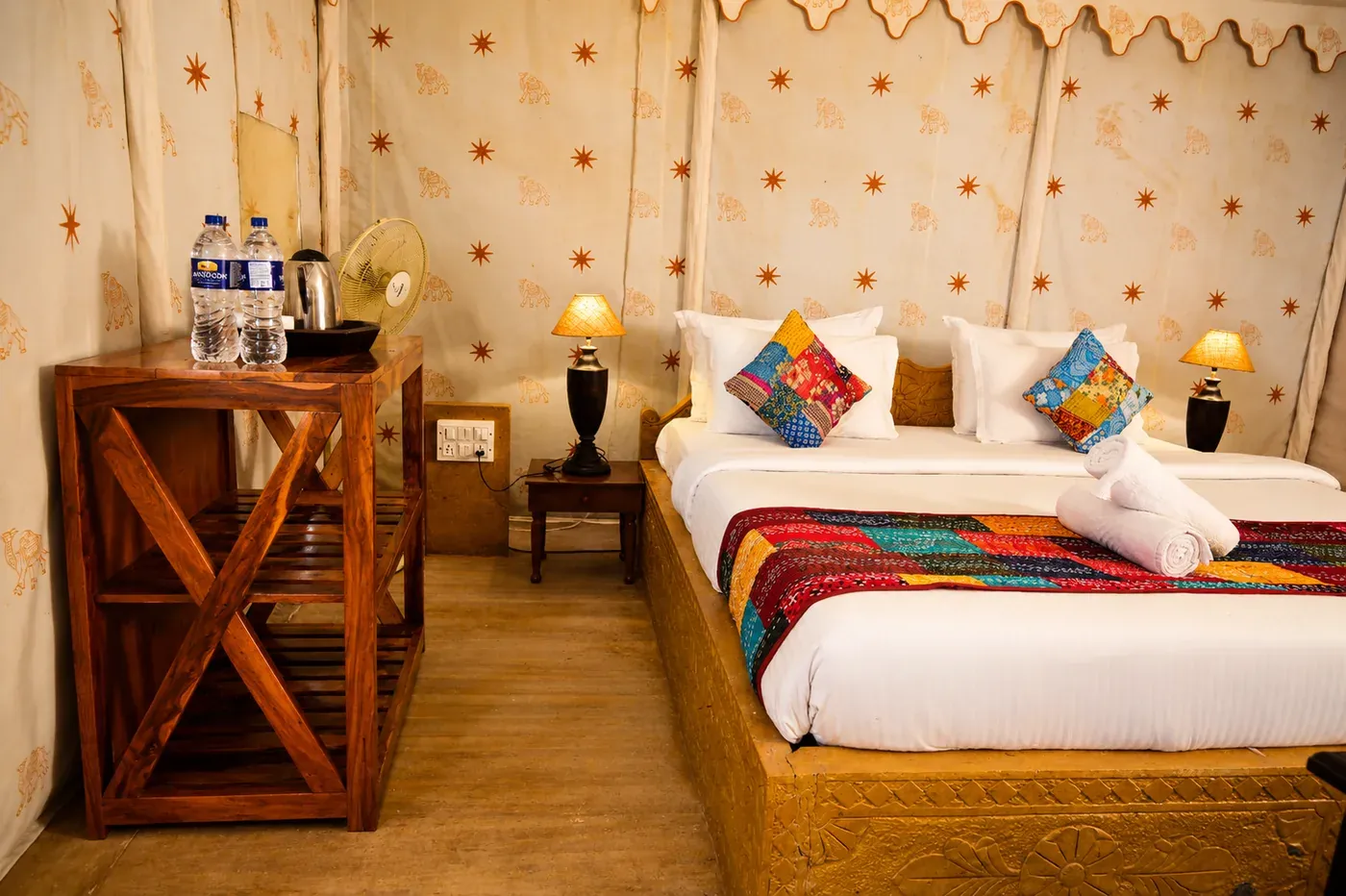 Deluxe Tent double bed and bedside setup