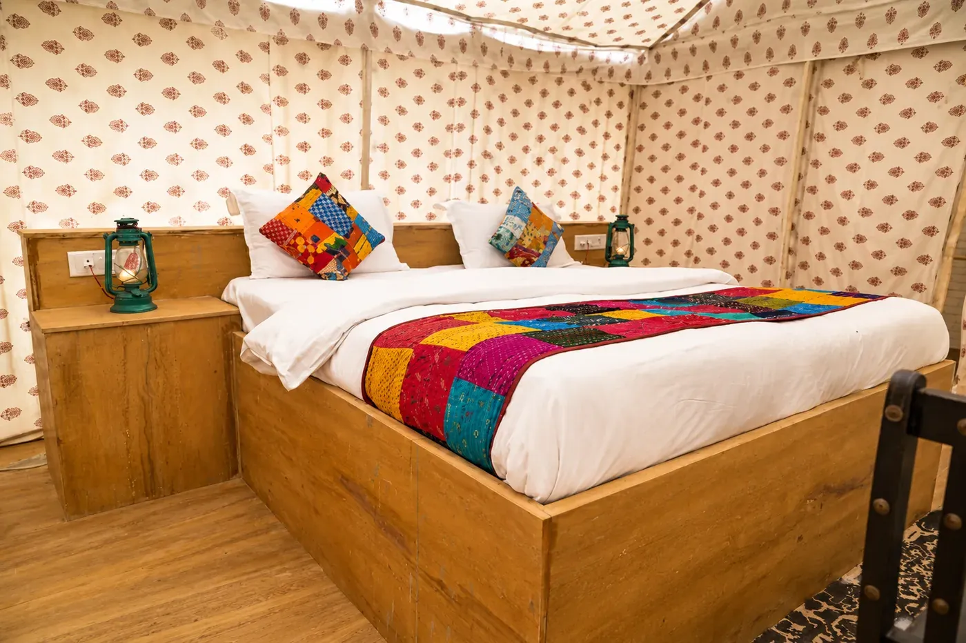 Deluxe Swiss Tent double bed with Rajasthani cotton canopy