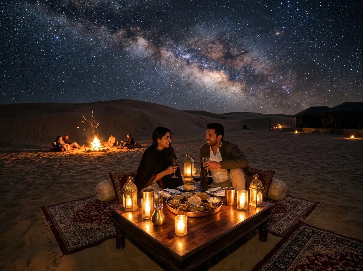 Romantic private dinner setup on desert sand dunes under the starlit sky