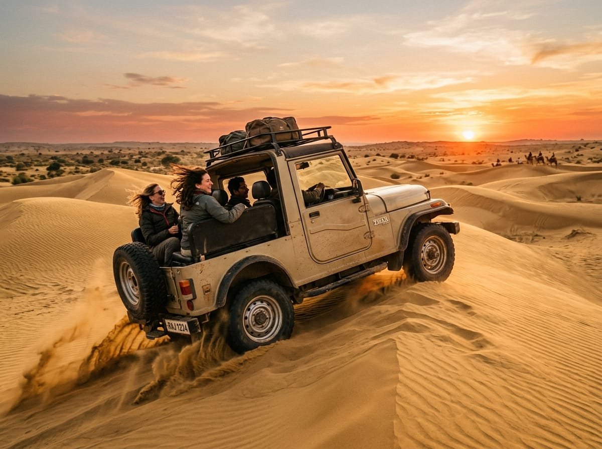 4x4 Thar desert jeep driving over sand dunes at sunset