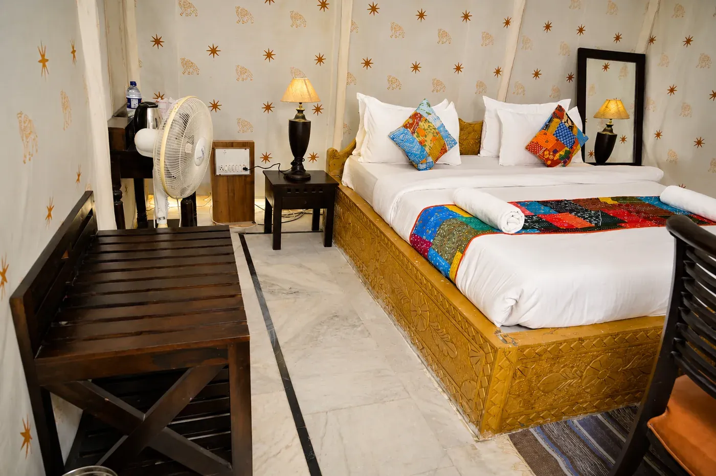 Super Deluxe Tent double bed with bedside lamp and dressing mirror